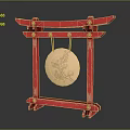 Golden Chinese Gong With Red Wooden Frame And Hand Painted Floral Art Pattern