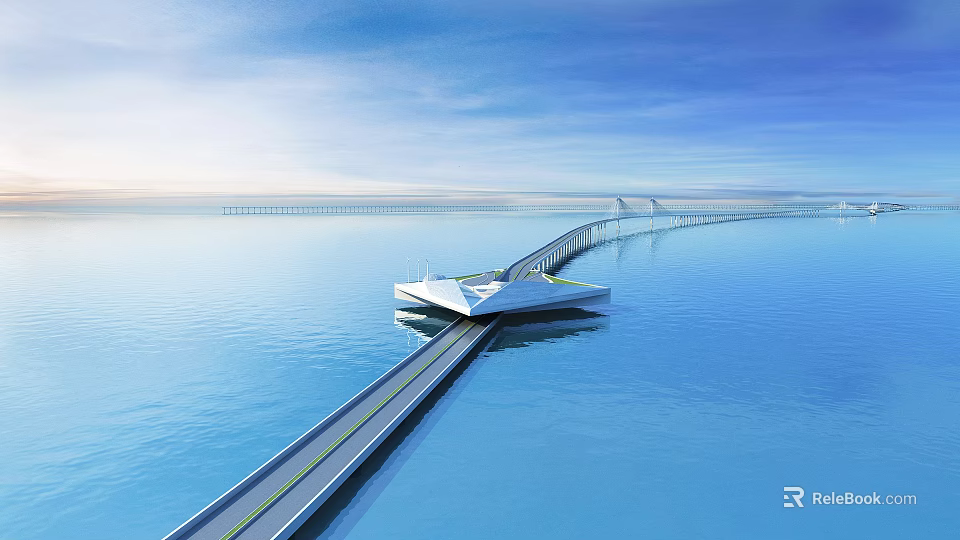 Modern Cross Sea Bridge Architecture Featuring Blue Ocean And Sky View 3d model