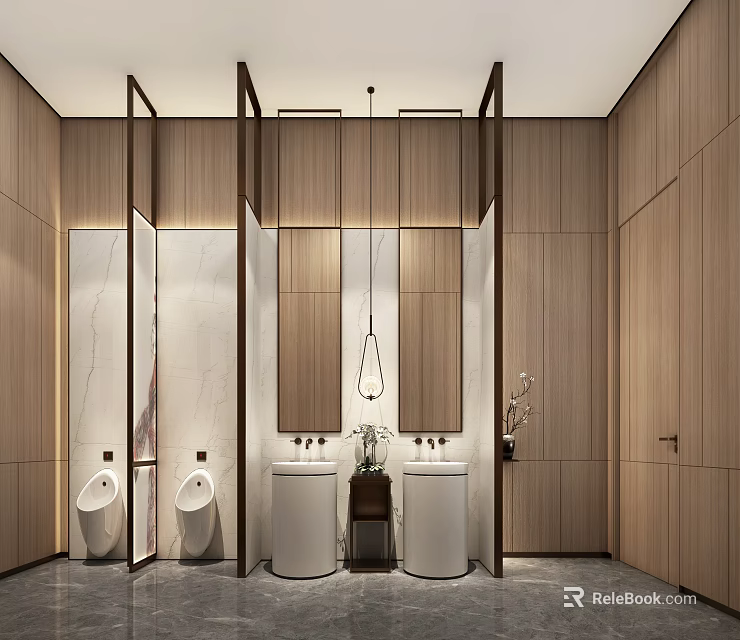 Hotel Bathroom With Wooden Walls Marble Countertops Double Sinks And Hanging Light Fixture 3d model 