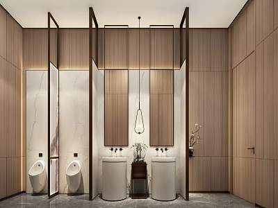 Hotel Bathroom With Wooden Walls Marble Countertops Double Sinks And Hanging Light Fixture 3d model
