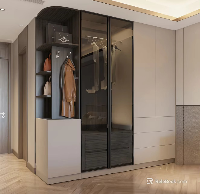 Modern Wardrobe Interior Design with Glass Doors Hanging Area and Storage Drawers 3d model 