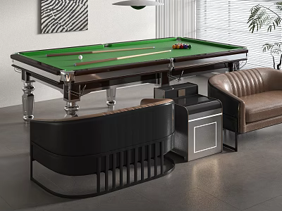 Luxury Green Felt Pool Table With Cues Balls Black Leather Bench And Brown Sofa 3d model