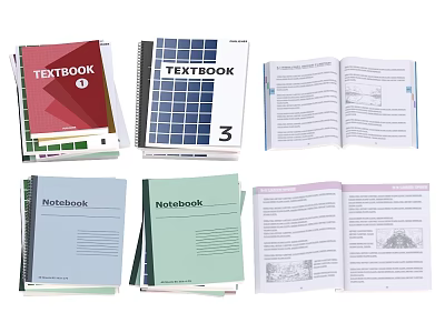 Collection of Textbooks and Notebooks with Open Pages Showing Charts and Content 3d model