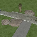 Garden Ornaments Featuring Circular Slab Stone Path Green Shrubs Stones and Metal Urn on Green Lawn