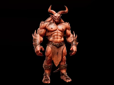 Fierce Demon Warrior Game Character With Horns Muscular Build Flaming Arms And Leather Attire 3d model