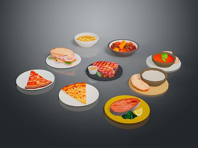 Delicious Assorted Food Plates Featuring Pizza Sandwich Grilled Meat Salad And Pasta 3d model