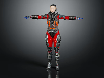 Futuristic Cyborg Character In Red Silver Armor With Extended Arms And Mechanical Design 3d model