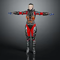 Futuristic Cyborg Character In Red Silver Armor With Extended Arms And Mechanical Design
