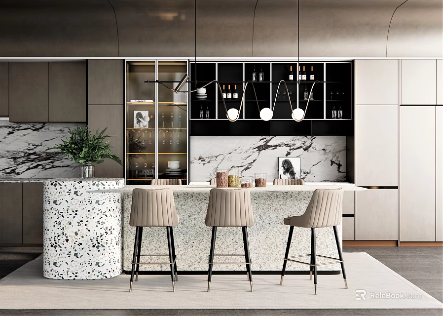 Modern Bar Area Interior Design With Speckled Countertop Bar Stools Marble Backsplash And Glass Cabinets 3d model 