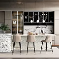 Modern Bar Area Interior Design With Speckled Countertop Bar Stools Marble Backsplash And Glass Cabinets