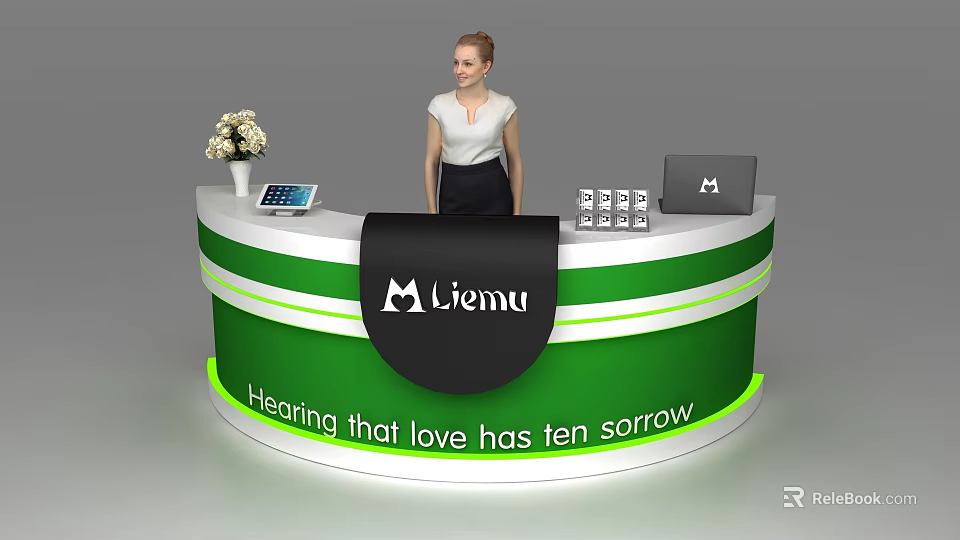 Green And White Reception Desk With Flower Vase Tablet Water Bottles Laptop And Biemu Logo 3d model 