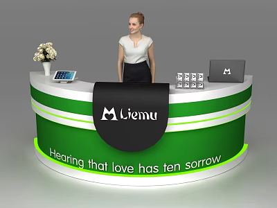Green And White Reception Desk With Flower Vase Tablet Water Bottles Laptop And Biemu Logo 3d model