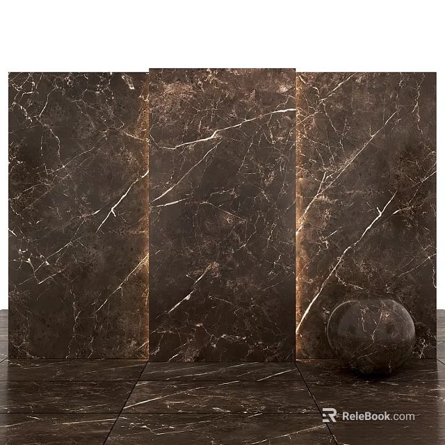 Dark Veined Marble Wall With Spherical Decor And Matching Floor Interior 3d model 