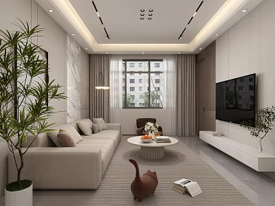 Modern Bright Minimalist Living And Dining Room With Warm Neutral Tone Comfortable Home Interior Decoration 3d model