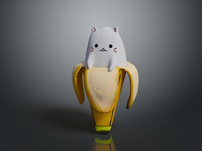 Cute White Cat Character Sitting Inside Peeled Banana Fruit Design Concept 3d model