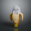 Cute White Cat Character Sitting Inside Peeled Banana Fruit Design Concept