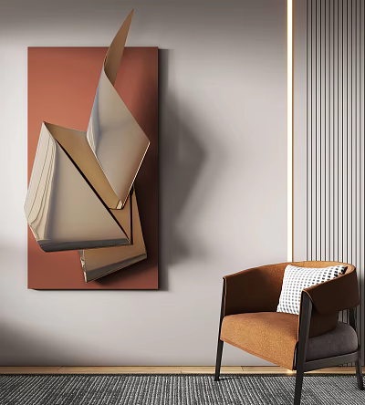 Modern Abstract Geometric Wall Art With Brown Chair And White Checkered Cushion 3d model