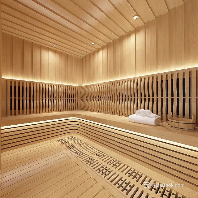 SPA Sauna Interior With Wooden Walls Striped Design Grilled Flooring White Cushion And Wooden Bucket 3d model 