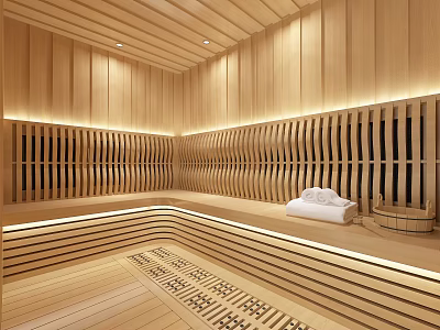 SPA Sauna Interior With Wooden Walls Striped Design Grilled Flooring White Cushion And Wooden Bucket 3d model