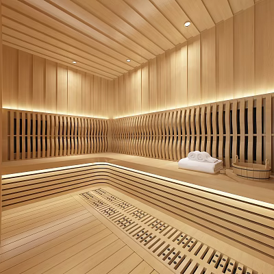 SPA Sauna Interior With Wooden Walls Striped Design Grilled Flooring White Cushion And Wooden Bucket 3d model