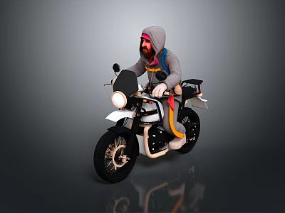Vintage Motorcycle With Rider In Gray Hoodie Front Headlight And Black Wheels 3d model