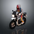 Vintage Motorcycle With Rider In Gray Hoodie Front Headlight And Black Wheels