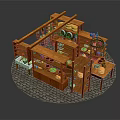 Wooden Market Stall With Shelves Ceramic Bowls Green Plants And Stone Brick Floor
