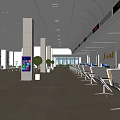 Modern Spacious Service Hall Interior With Service Desks Seats Display Screens And Green Plants