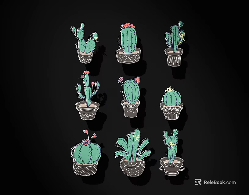 Artistic Hand Drawn Multiple Potted Cactus Plants On Black Background 3d model 