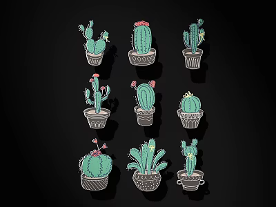 Artistic Hand Drawn Multiple Potted Cactus Plants On Black Background 3d model