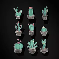 Artistic Hand Drawn Multiple Potted Cactus Plants On Black Background