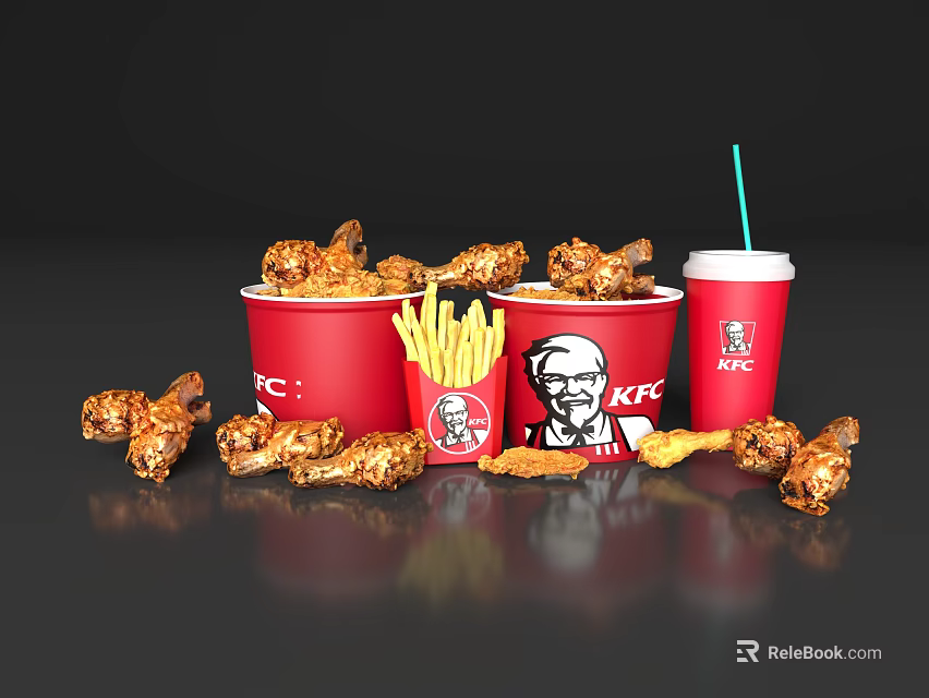 KFC Fried Chicken Bucket With French Fries And Cold Drink In Red Cup 3d model 
