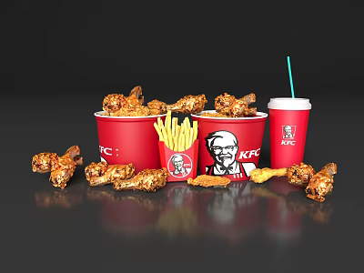 KFC Fried Chicken Bucket With French Fries And Cold Drink In Red Cup 3d model