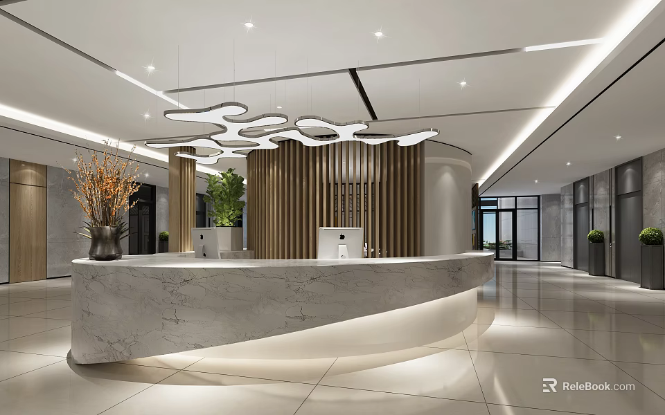 Modern Reception Desk With Marble Counter Curved Design Wooden Decor Stylish Lighting And Green Plants 3d model 