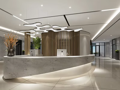 Modern Reception Desk With Marble Counter Curved Design Wooden Decor Stylish Lighting And Green Plants 3d model