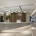 Modern Reception Desk With Marble Counter Curved Design Wooden Decor Stylish Lighting And Green Plants