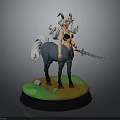 Centaur With White Hair Horns Black Bikini Holding Sword On Green Yellow Base With Stones