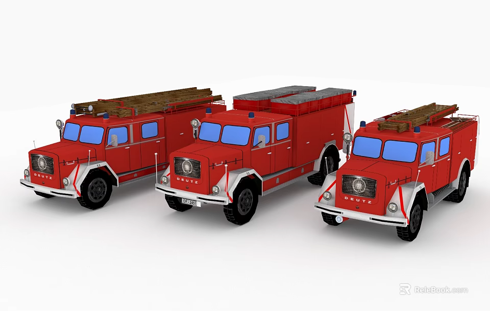 Three Red Fire Trucks With Ladders And Classic Retro Design 3d model 
