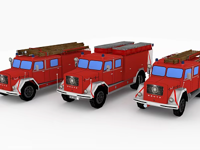 Three Red Fire Trucks With Ladders And Classic Retro Design 3d model