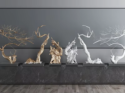 Modern Minimalist Ornament Decorative Set With Gold Silver Branch Sculptures On Marble Shelf 3d model