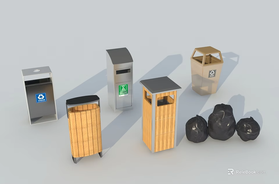 Public Facilities Featuring Various Waste Bins with Lids and Black Garbage Bags 3d model 