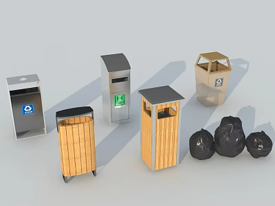Public Facilities Featuring Various Waste Bins with Lids and Black Garbage Bags 3d model