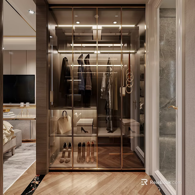 Modern Walk In Closet With Clothes Bags And Shoes 3d model 