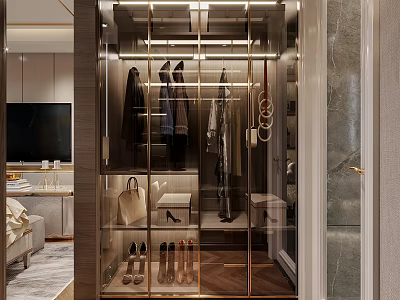Modern Walk In Closet With Clothes Bags And Shoes 3d model
