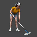 A Woman Wearing Yellow T-Shirt And Denim Shorts Mopping Floor With Mop And Headband