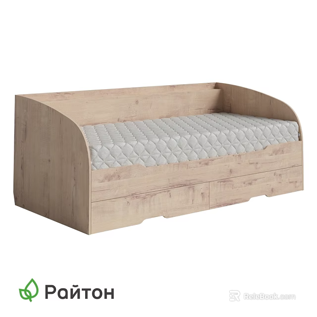Light Wooden Double Bed Frame With Storage Drawers And Gray Diamond Pattern Mattress 3d model 