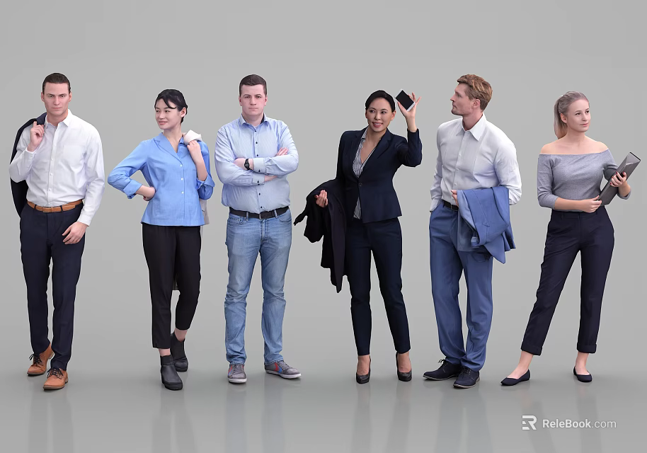 Diverse Group of Business Professionals Standing in Various Attire and Poses 3d model 