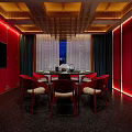 Elegant Private Dining Room With Red Decor Modern Lighting And Round Dining Table 3d model