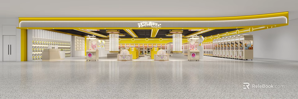 Bright Modern Happy Lemon Store Interior With Yellow White Counters And Display Cabinets 3d model 