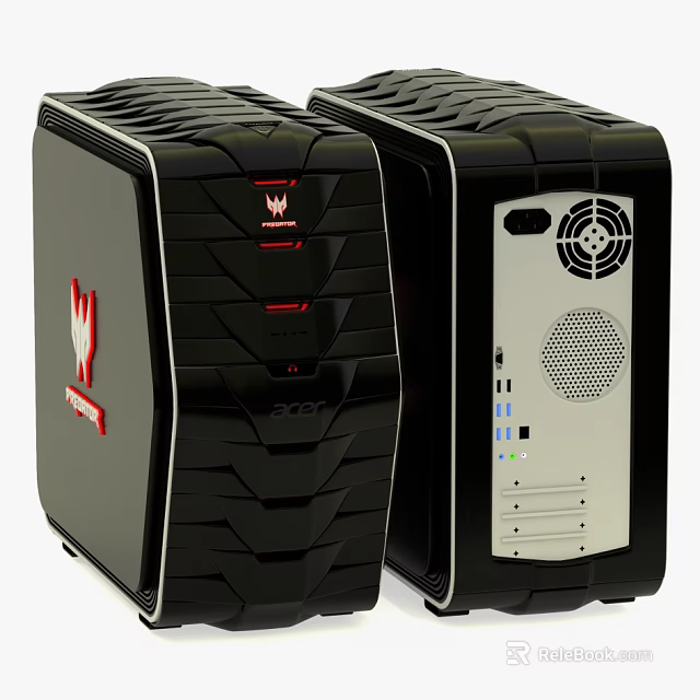 Two Black PC Towers With Red Logo And Modern Textured Design And Ventilation Holes 3d model 